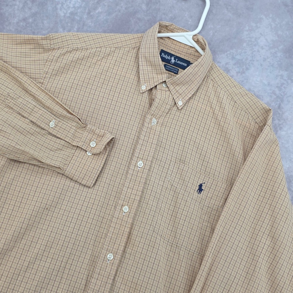 Ralph Lauren Yarmouth Mens 15.5 32/33 Tan Plaid Cotton Button Down Shirt Pony